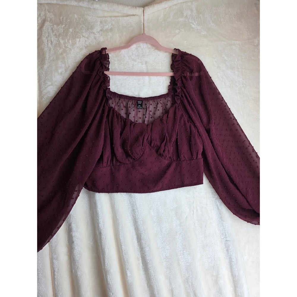 SHEIN Curve Burgundy Swiss Dot Square Neck Puff Sleeve Crop‎ Top Plus Size 2X